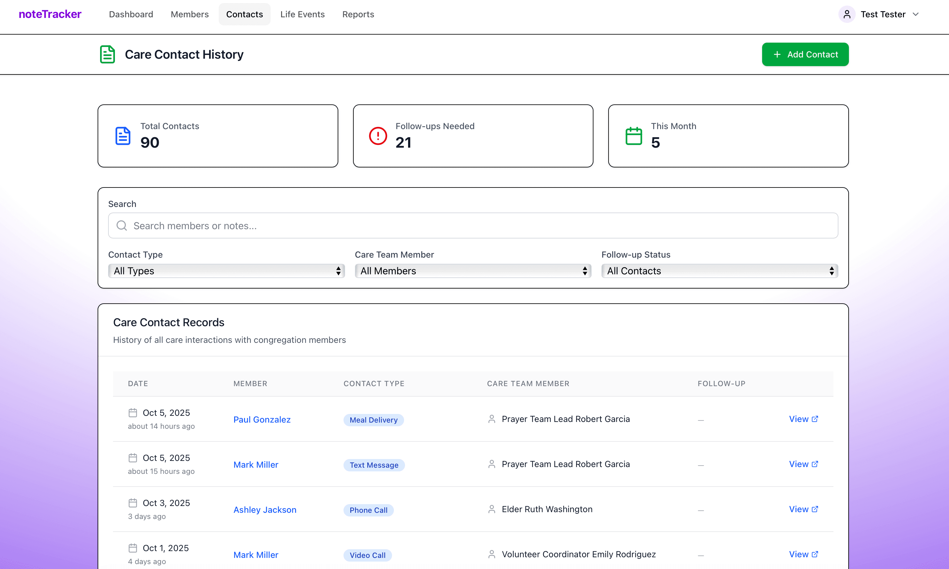 Care contact history interface displaying filterable list of pastoral visits, phone calls, and member interactions with notes and follow-up tracking