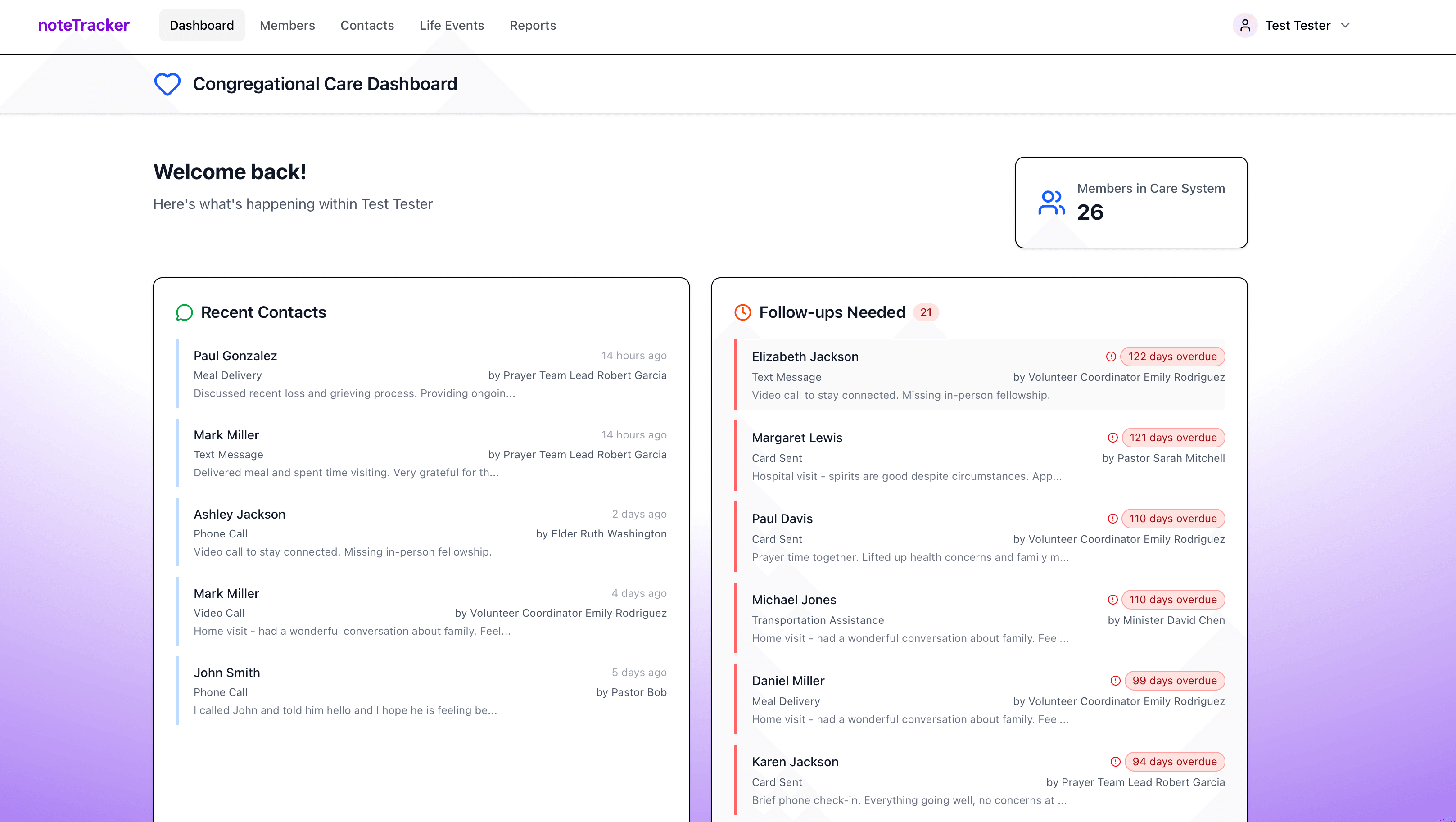 noteTracker dashboard showing recent care contacts, upcoming life event anniversaries, and member statistics for congregational care tracking