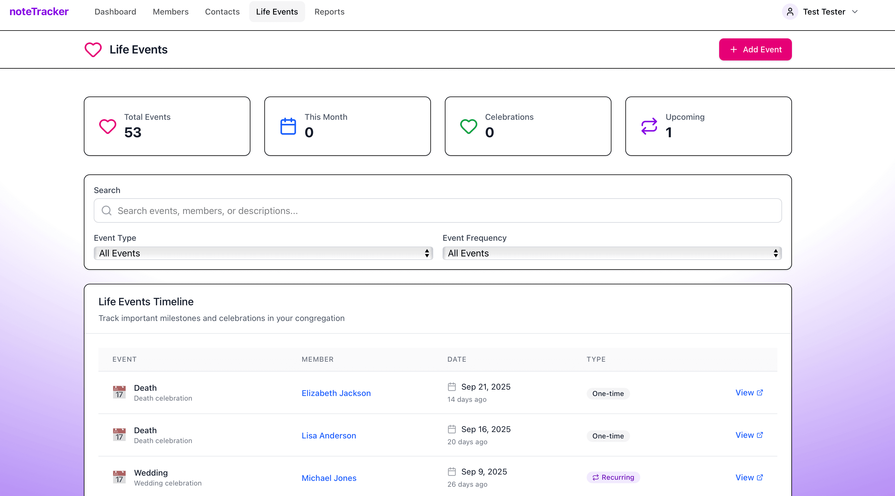 Life events management dashboard showing birthdays, anniversaries, and important dates with acknowledgment tracking and reminder system