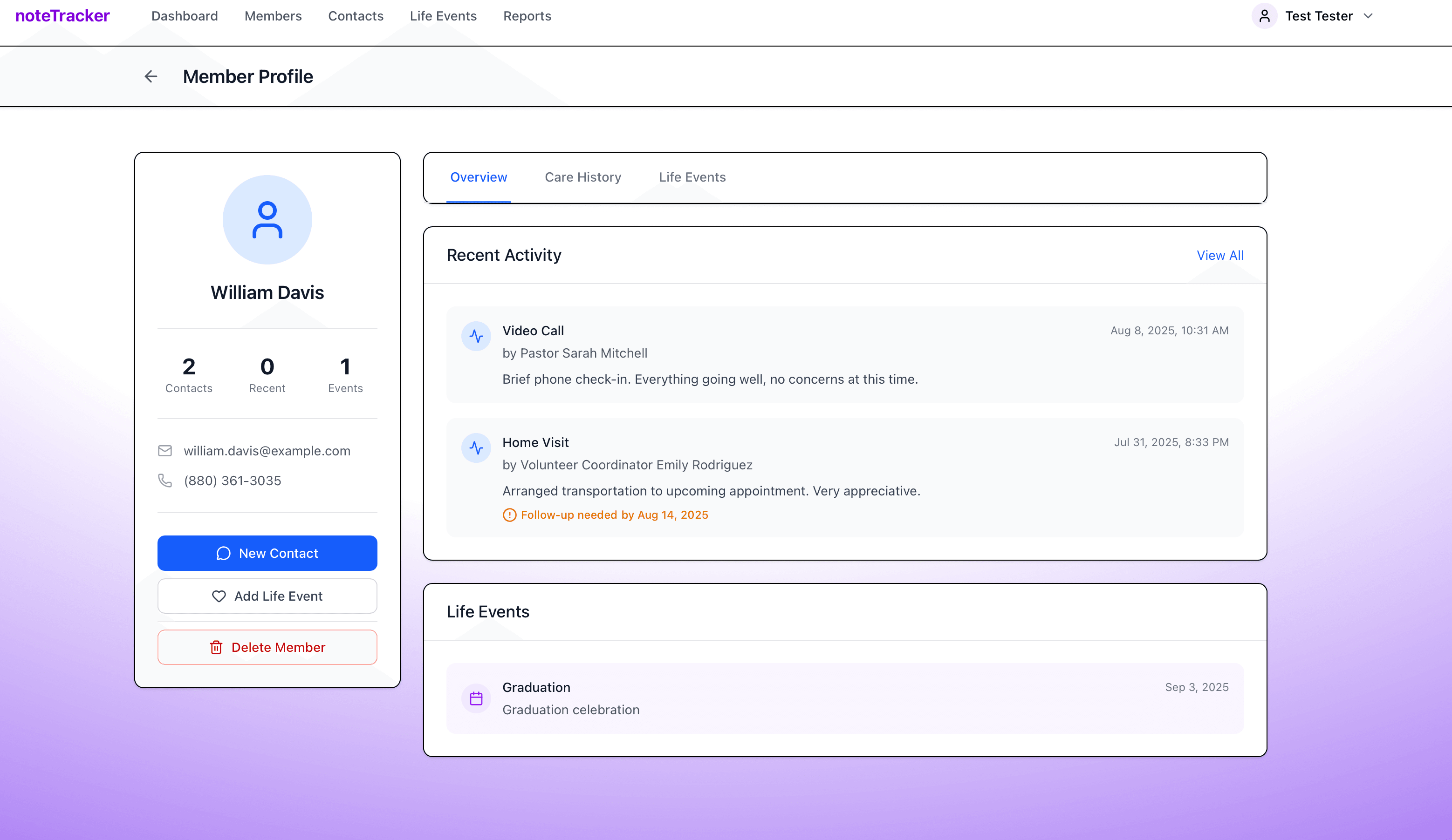 Comprehensive member profile showing contact information, care history timeline, life events, and quick action buttons for pastoral care management